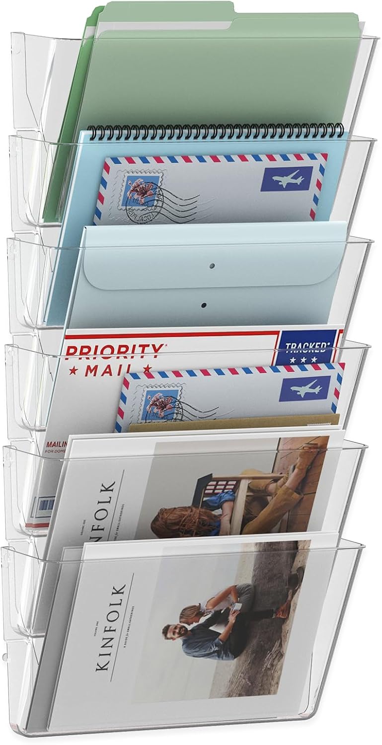 MINDEPOT منظم ملفات حائط أكريليك بـ 6 جيوب، حامل ملفات حائط شفاف، حامل ملفات حائط بلاستيكي معلق للمكتب والمدرسة والمنزل، شفاف - Image 1